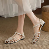 2025 Summer Bohemian Retro One-Line Buckle Toe-Toe Braided Sandals Women&#039;s Flats Low-Heeled Cut Out Roman Shoes