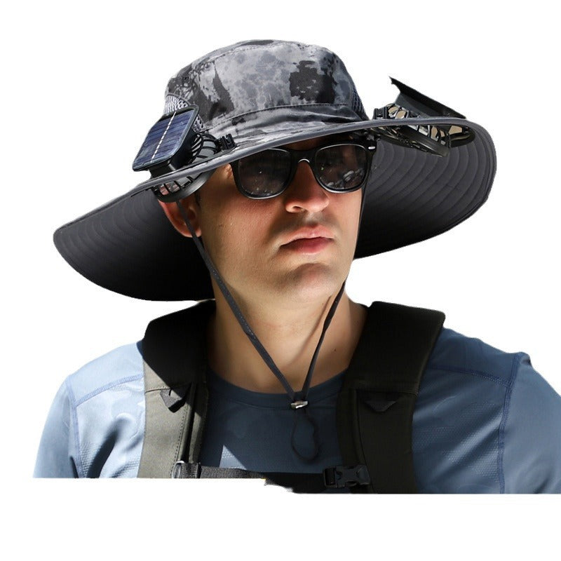 Solar Charging Fan Large Brim Hat Summer Outdoor Sun Hat Men&#039;s Mountaineering Fishing Hat